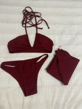 Burgundy Bikini Set with Sarong, Size XS